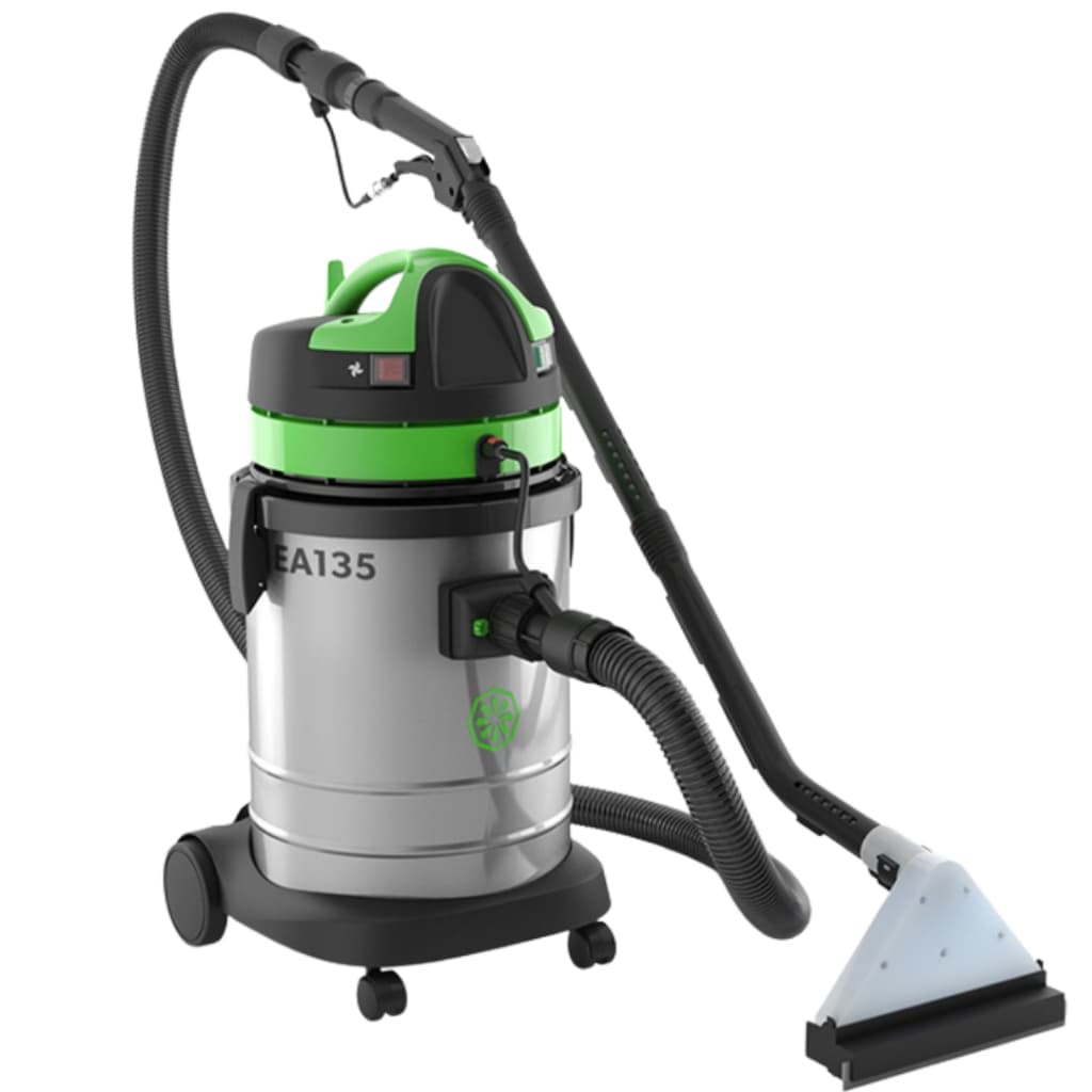 Aspirador vertical profissional EA135, 1400W, prata e verde, contra fundo branco.