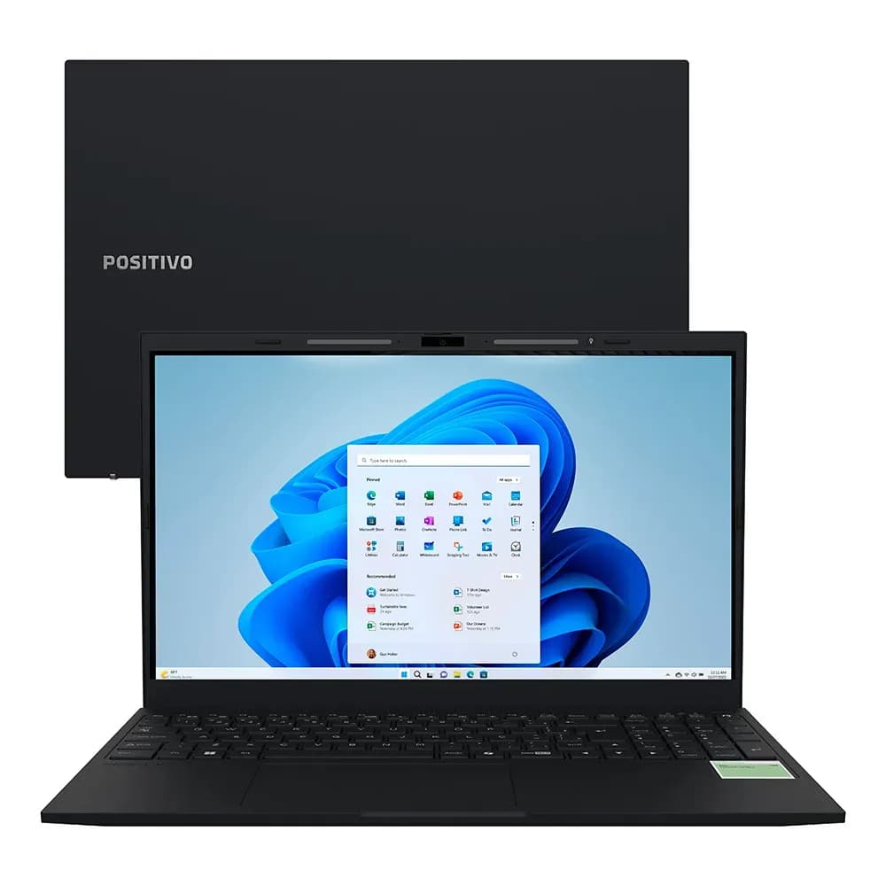 Notebook Positivo Vision i15M aberto com tela Windows 11 e teclado preto em fundo branco