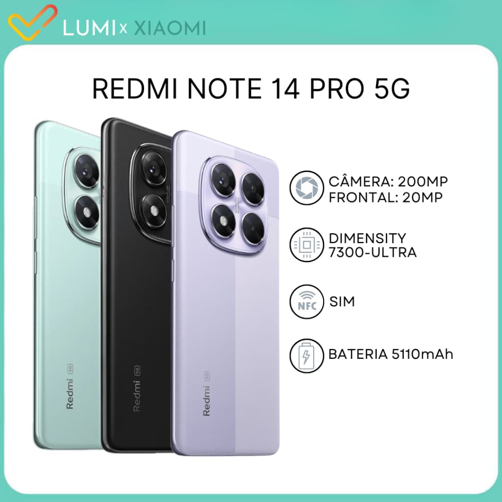 Xiaomi Redmi Note 14 Pro 5G em três cores com especificações destacadas