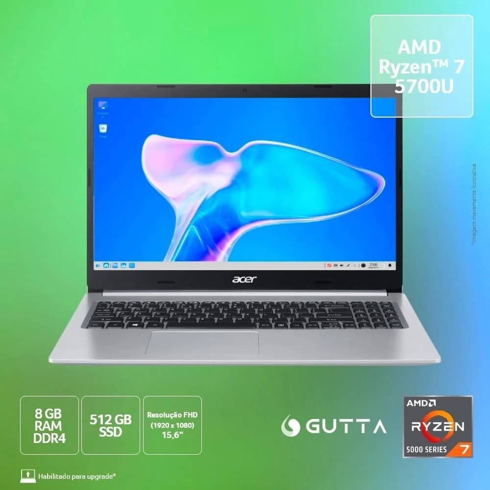 Notebook Acer Aspire 5 A515-45-R74D Ryzen 7 5700U 15.6" AMD Radeon 512GB 8GB  Linux + Ubook Kit 20 Livros Digitais Geek
