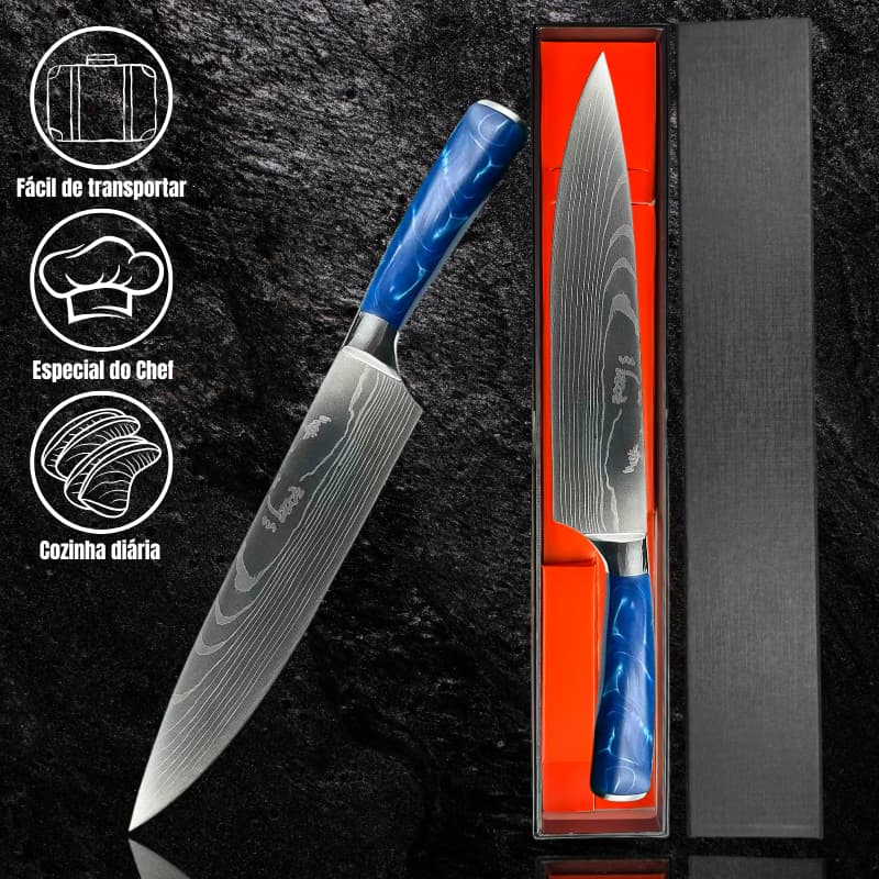 Faca do Chef 8” Aço Damasco Ocean King Cabo Azul