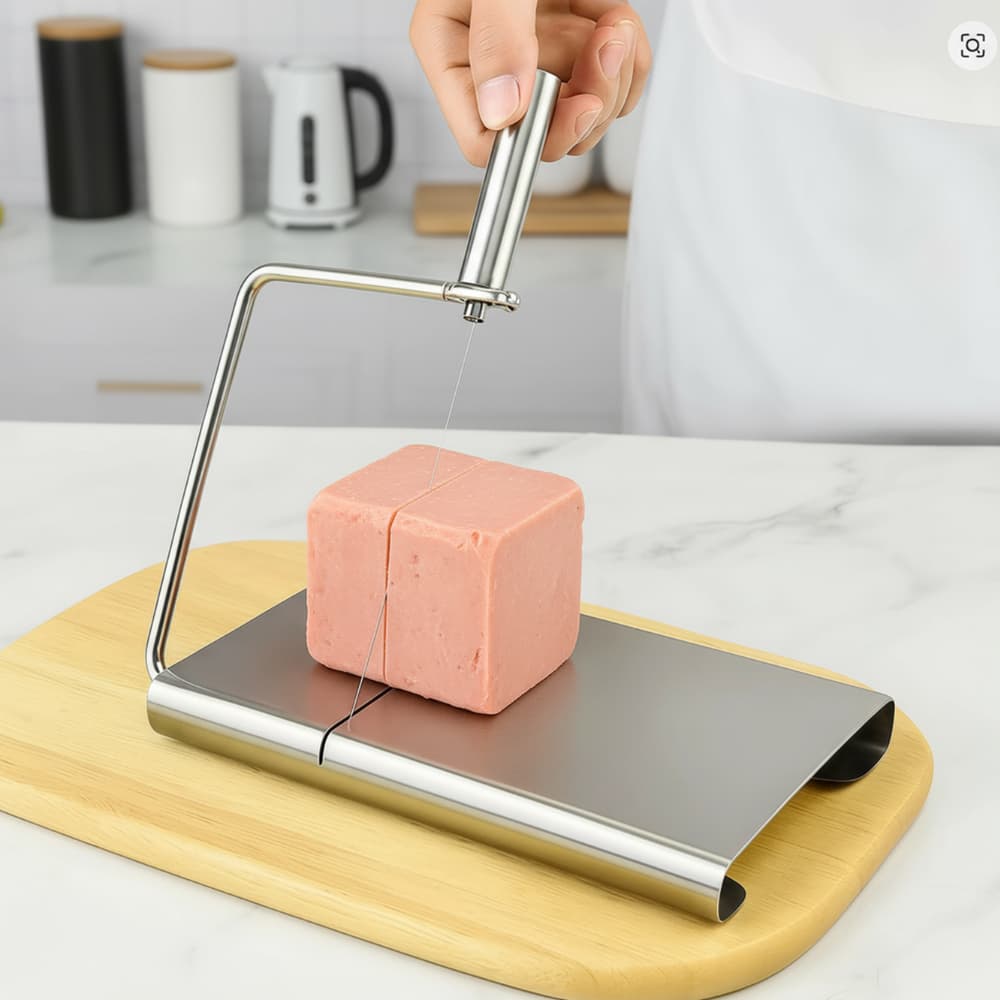 Fatiador de queijo profissional em inox cortando um bloco de queijo rosa sobre uma tábua de madeira.