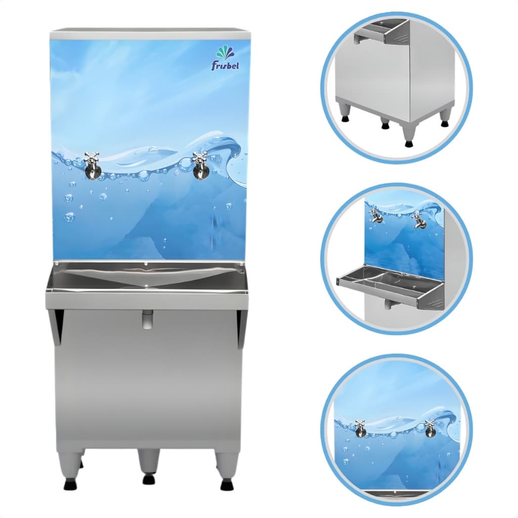 Bebedouro Água Industrial Refrigerado 50 Litros Frisbel 2 Torneiras Geladas Frias Inox 50 L Coluna