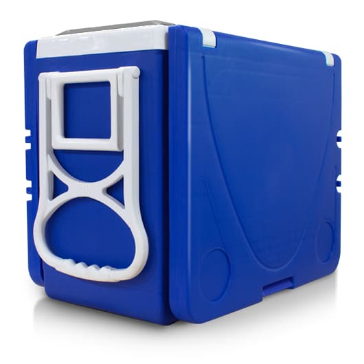 Super Térmica Multifuncional 5 em 1 32L Caixa Térmica Profissional Alta Conservação e Durabilidade azul com detalhes brancos.