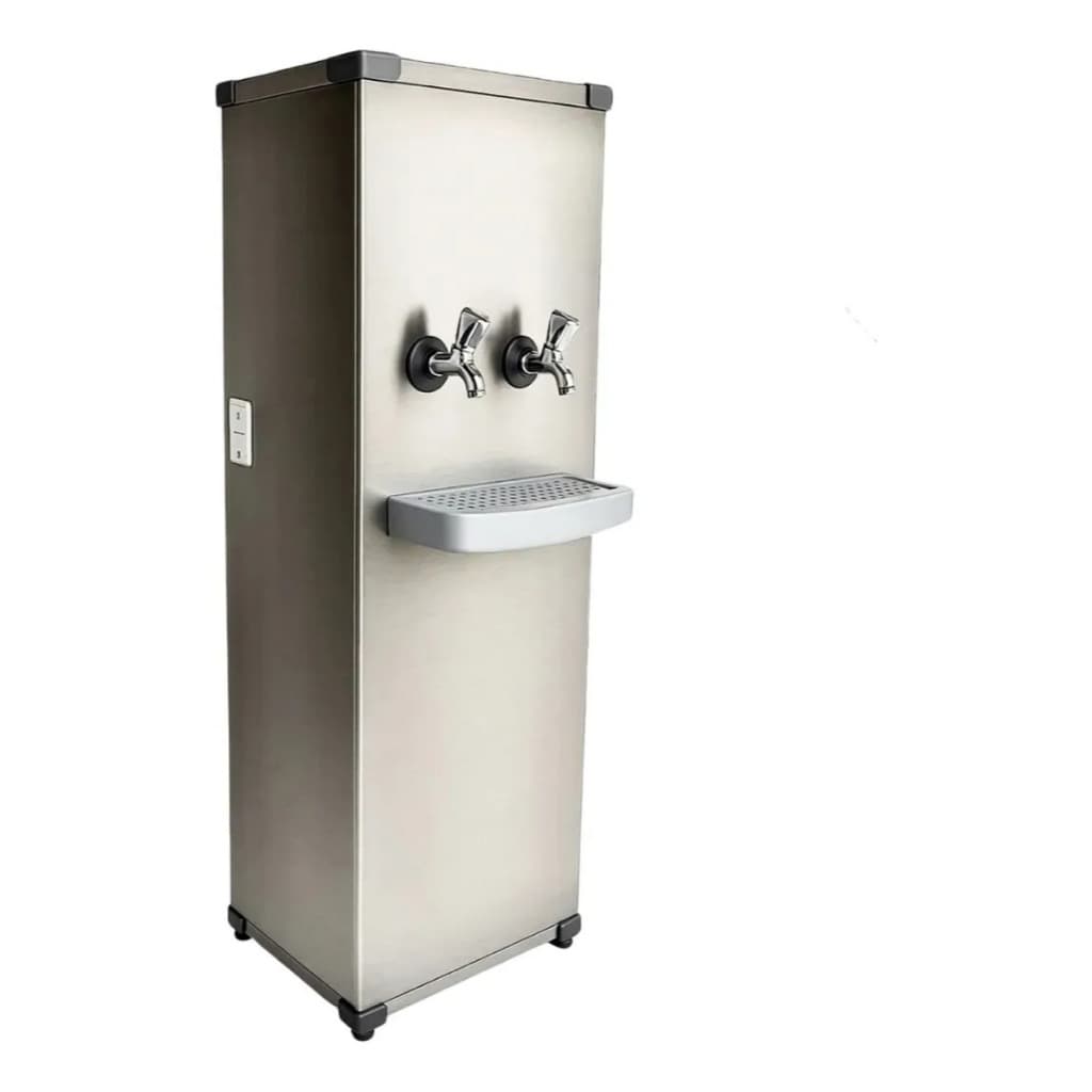 Purificador de água industrial 25 litros com 2 torneiras geladas, aço inoxidável, visão frontal