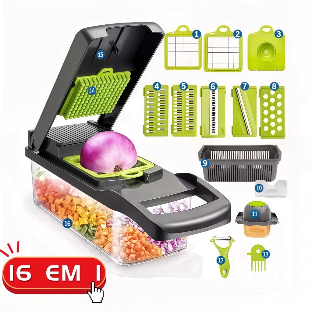 Fatiador de legumes 16 em 1 com lâminas inoxidáveis, exibindo todas as peças e funções.