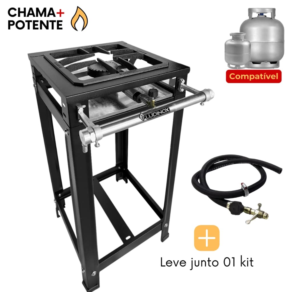 Fogão Industrial Alta Pressão 1 Boca Grelha 30x30 com Kit de Montagem