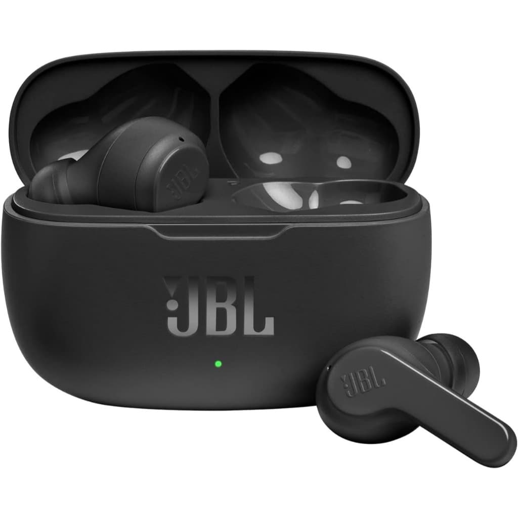 Fone de ouvido JBL Wave 200TWS com estojo de carregamento aberto, cor preta.