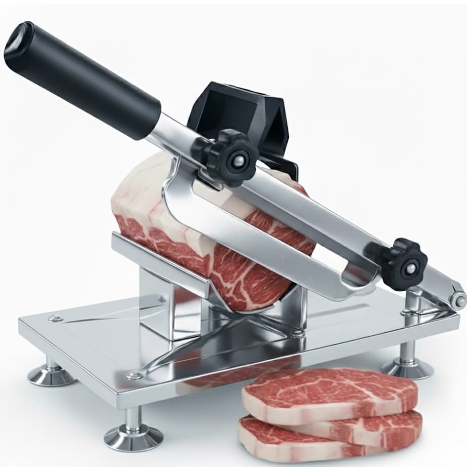 Fatiador manual de aço inoxidável cortando carne, lâmina afiada, fundo branco