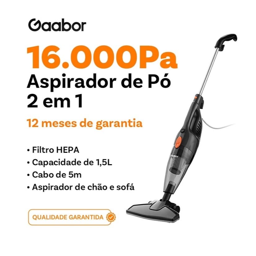 Aspirador de pó vertical Gaabor 2 em 1 portátil, preto, 1,5L, 16.000 Pa, filtro HEPA, cabo 5m, garantia 12 meses