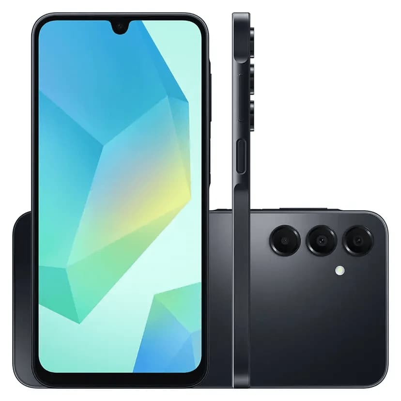 Celular Samsung Galaxy A16 preto com tela de 6.7 polegadas e tripla câmera.