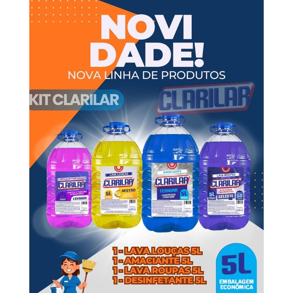 Kit de limpeza Clarilar com 4 produtos: lava louças, amaciante, lava roupas e desinfetante, 5L cada, cores rosa, amarelo, azul e roxo