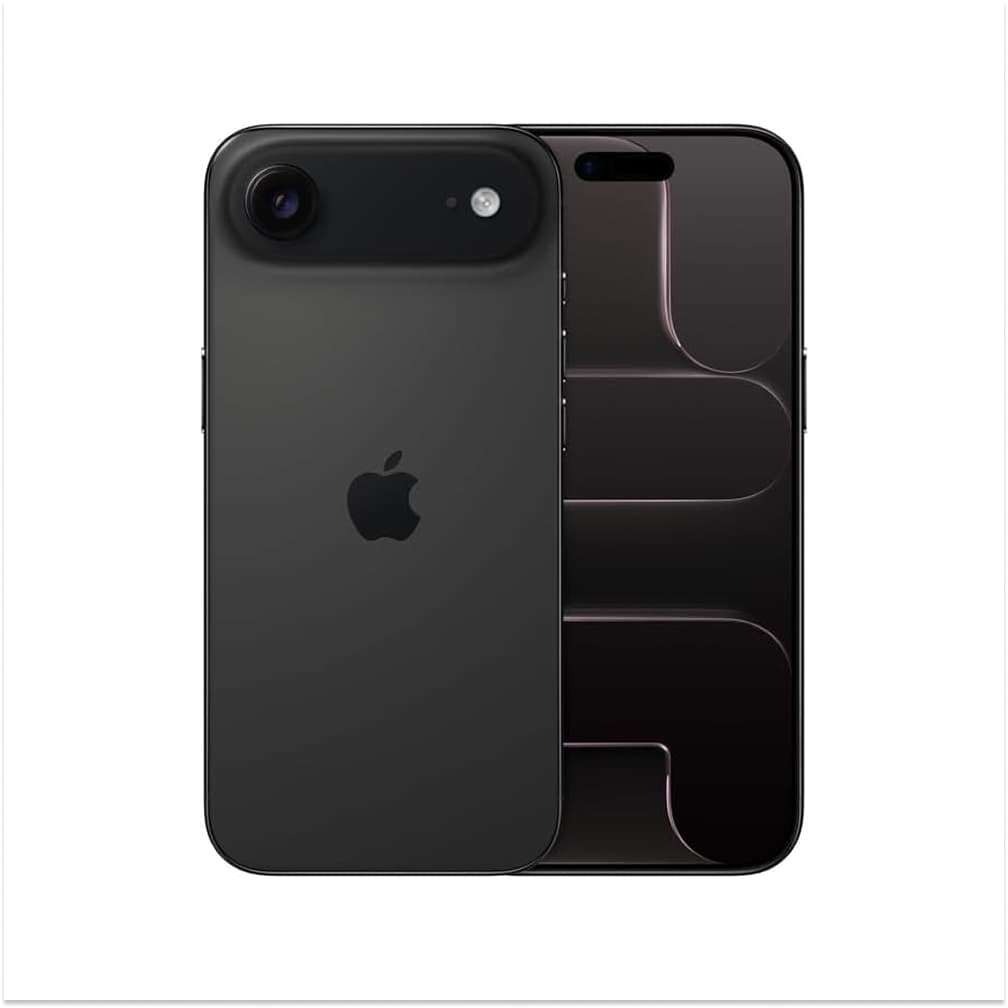 Imagem do iPhone Air em cor preta, mostrando a parte traseira com câmera dupla e flash LED