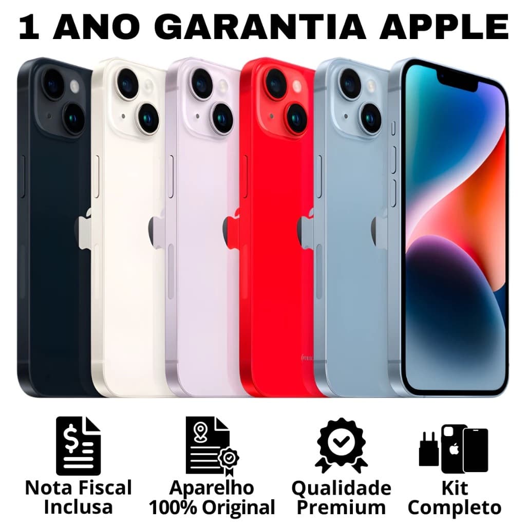 Celular iPhone 14 128GB Original Novo Lacrado com Garantia Apple de 1 ano em cinco cores diferentes