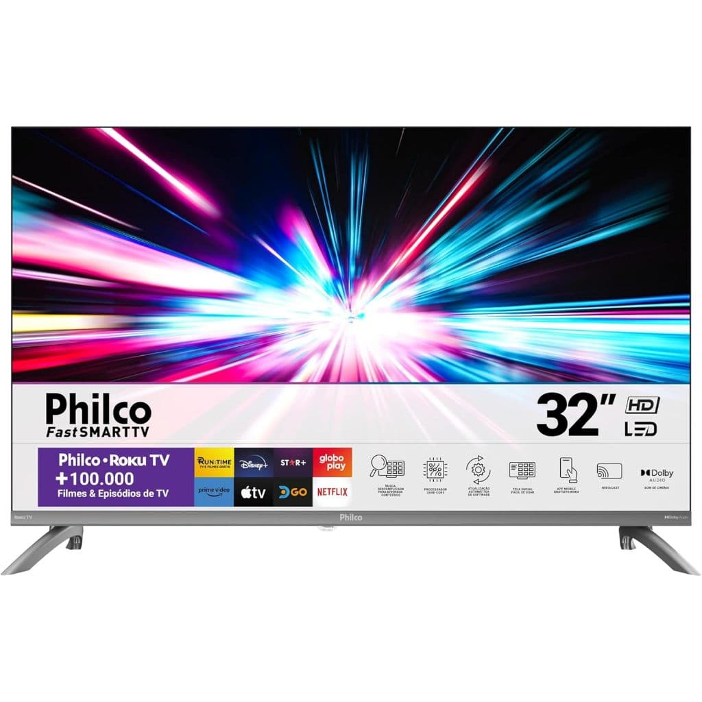 Smart TV 32 polegadas Philco LED Roku com interface de menu e ícones de aplicativos