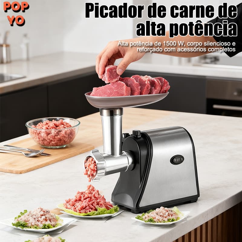 Moedor Elétrico Inox 1500W Multiuso — Carne, Linguiça e Kibe com Discos Fino/Médio/Grosso 110/220V POPYO