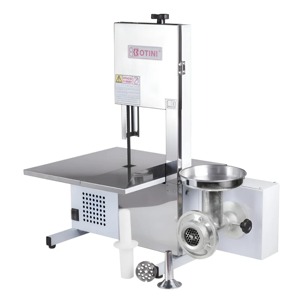Serra de fita bancada com moedor de carne Botini, modelo B15209, em fundo branco.