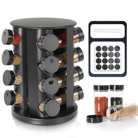 Kit rotativo de tempero com 16 compartimentos pretos e vidros transparentes