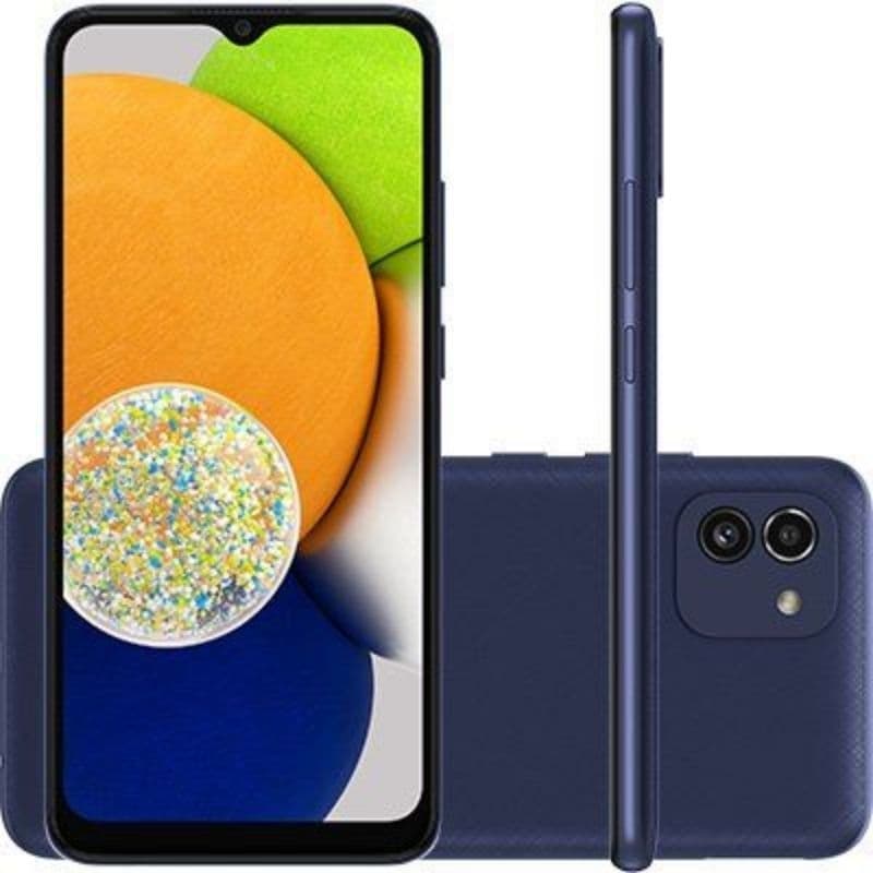 Celular Samsung Galaxy A03 Tela 6.5 64gb 4gb Ram Azul frente e verso