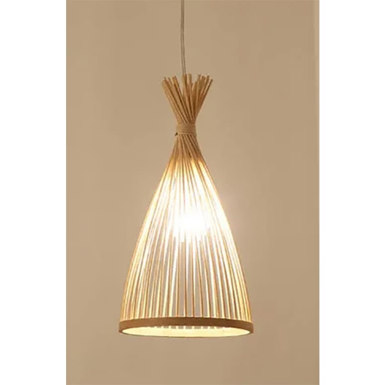 Pendente de bambu artesanal com luz amarela, design elegante, 38cm