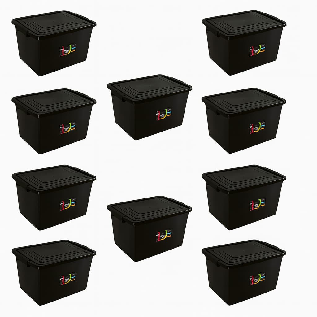 Kit 10 caixas organizadoras pretas com tampa e trava 56 litros