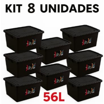 Kit 8 caixas organizadoras pretas com tampa e trava 56 litros