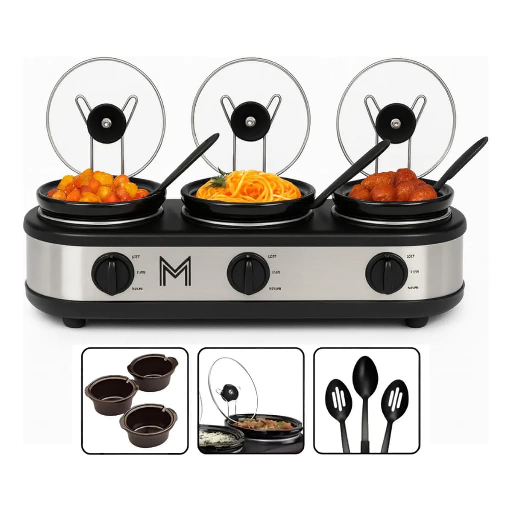 Triplo buffet elétrico 2,4L 127V inox com controles de temperatura e tampas transparentes