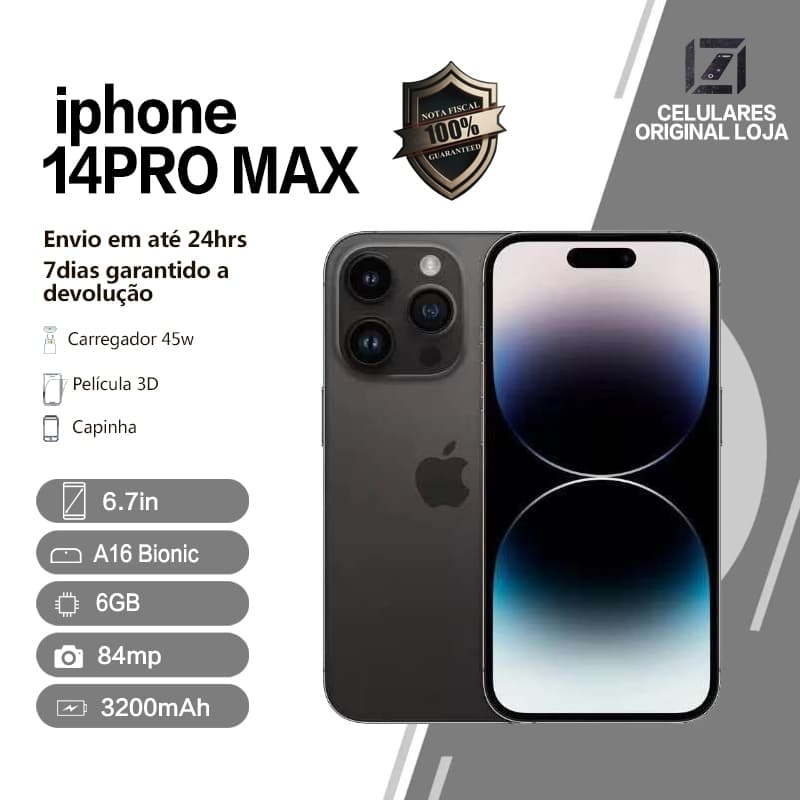 iPhone 14 Pro Max 6.7 polegadas com 6GB RAM e 84MP câmera frontal em fundo cinza