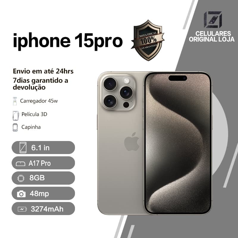 Imagem do iPhone 15 Pro 128GB/256GB 5G Dual Sim Original, mostrando o smartphone de frente e de lado com especificações detalhadas.