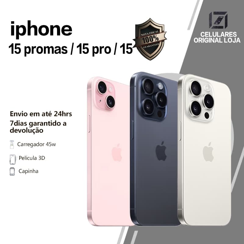 iPhone 15, 15 Pro e 15 Pro Max em cores rosa, azul e branco com garantia e informações de envio.