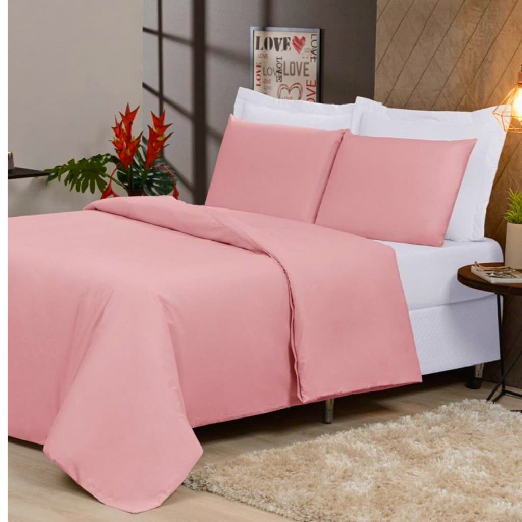 Edredom rosa claro queen com zíper, toque macio, confortável, em cama com almofadas brancas