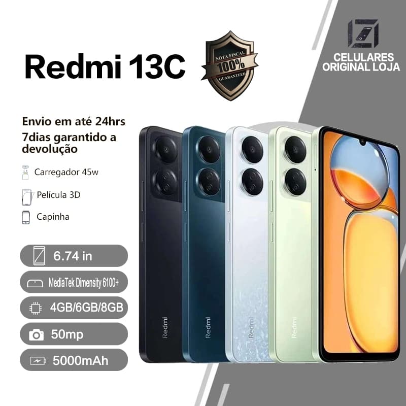 Xiaomi Redmi 13C 128GB/256GB Smartphone 4G Câmera 50MP  Carregador 18W