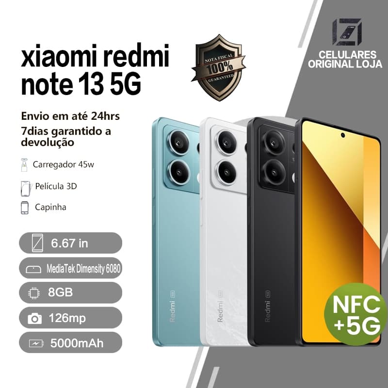 Xiaomi Redmi Note 13 5G 8GB + 128/256GB Dual Sim Original  ROM  Câmera 108MP