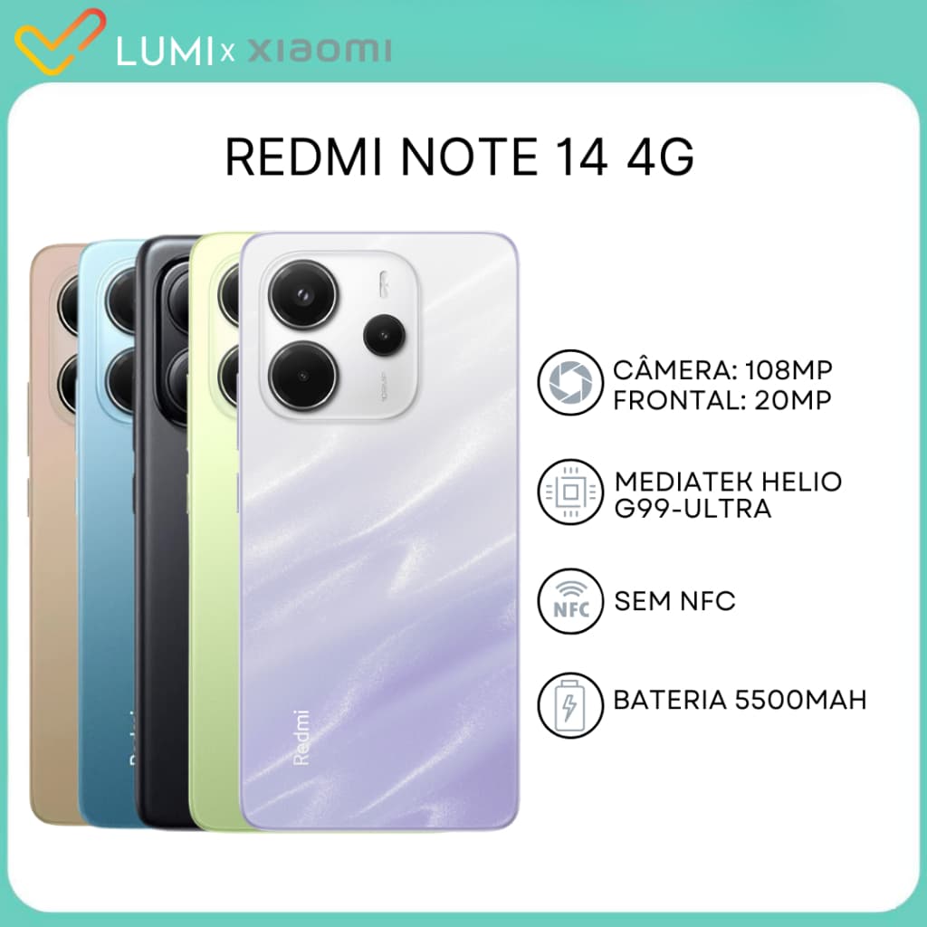 Xiaomi Redmi Note 14 4G, 256GB/8GB RAM, 128GB/6GB RAM, câmera 108MP, processador Helio G99-Ultra, NFC, bateria 5500mAh, várias cores