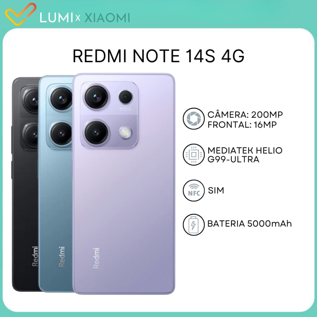 Xiaomi Redmi Note 14S 4G 256GB/8GB RAM, Câmera 200MP, Processador MediaTek Helio G99-Ultra, Versão Global