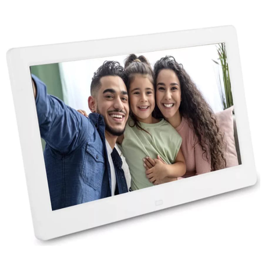 Porta-retrato digital MAX-1207 branco e preto com foto de família sorrindo