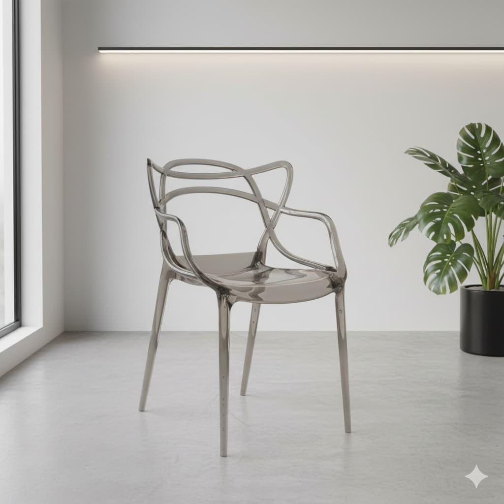 Cadeira transparente com design ergonômico em policarbonato, ideal para sala, cozinha e jantar.