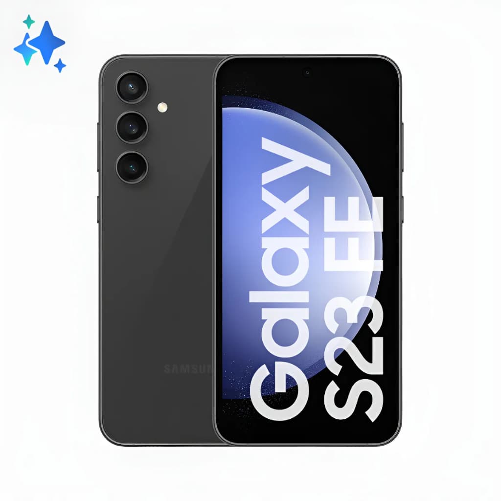 Imagem do smartphone Samsung Galaxy S23 FE Grafite 256GB mostrando a parte traseira e frontal