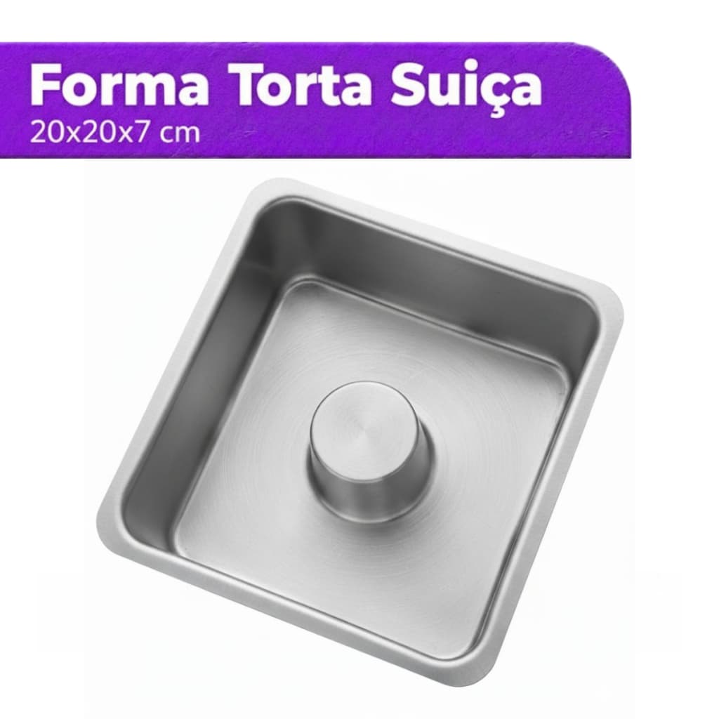 Forma quadrada para pudim de 20x20x7 cm em alumínio, com furo central, cor prata metálica.