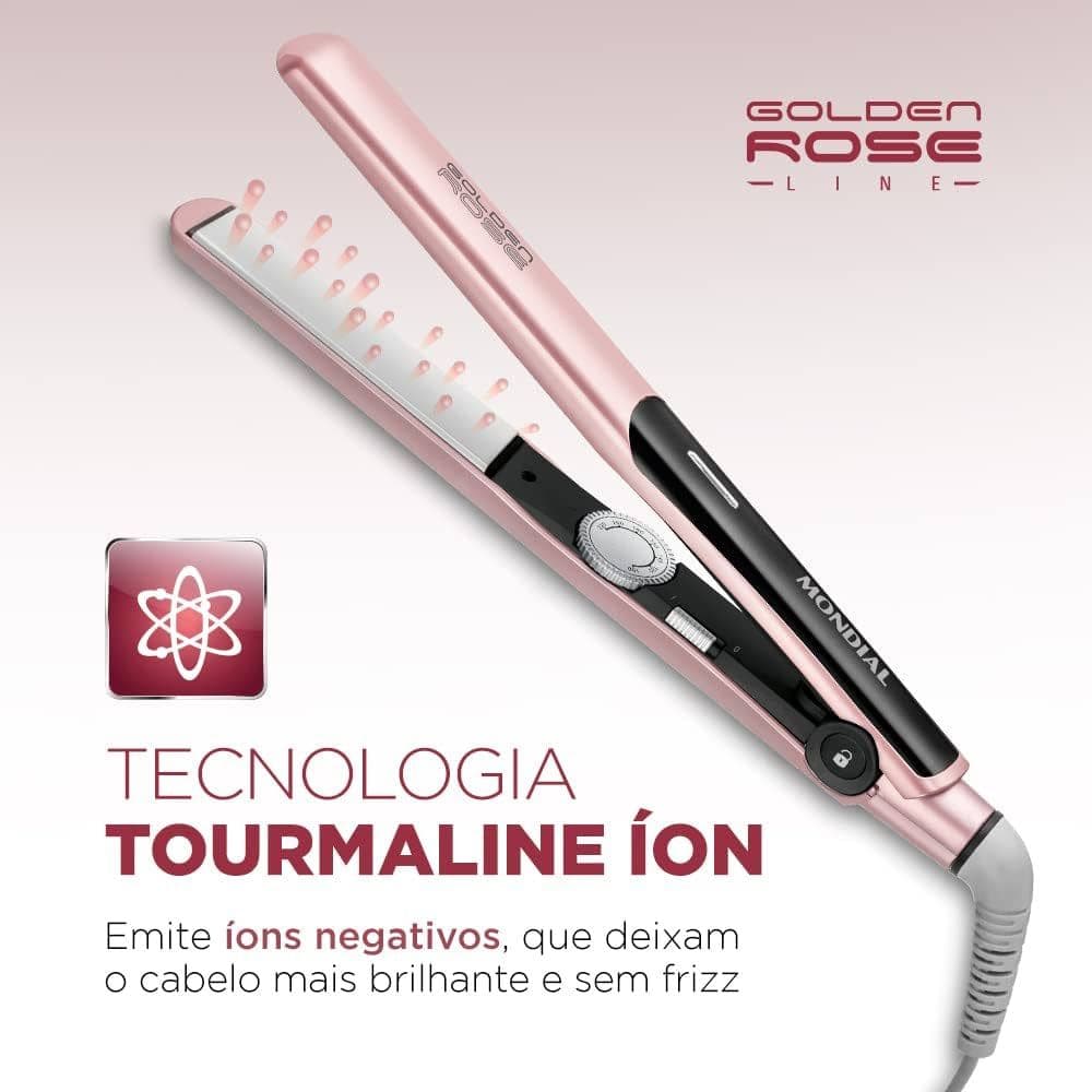 Chapinha Prancha Alisadora Mondial P-20 Golden Rose Bivolt Cabo Giratório Rosa
