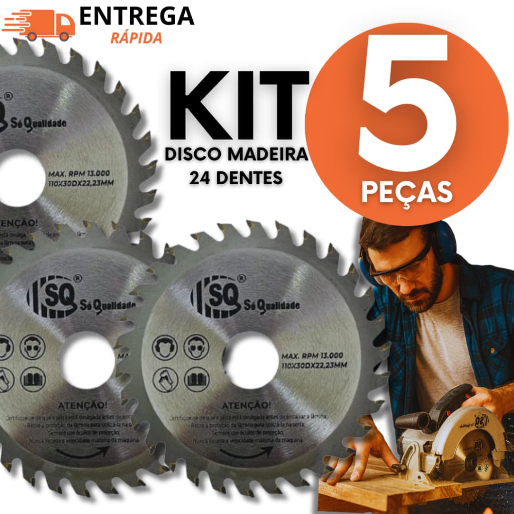 Kit com 5 discos de serra circular para madeira de 24 dentes, 4 polegadas, SQ, 110 x 22,23mm
