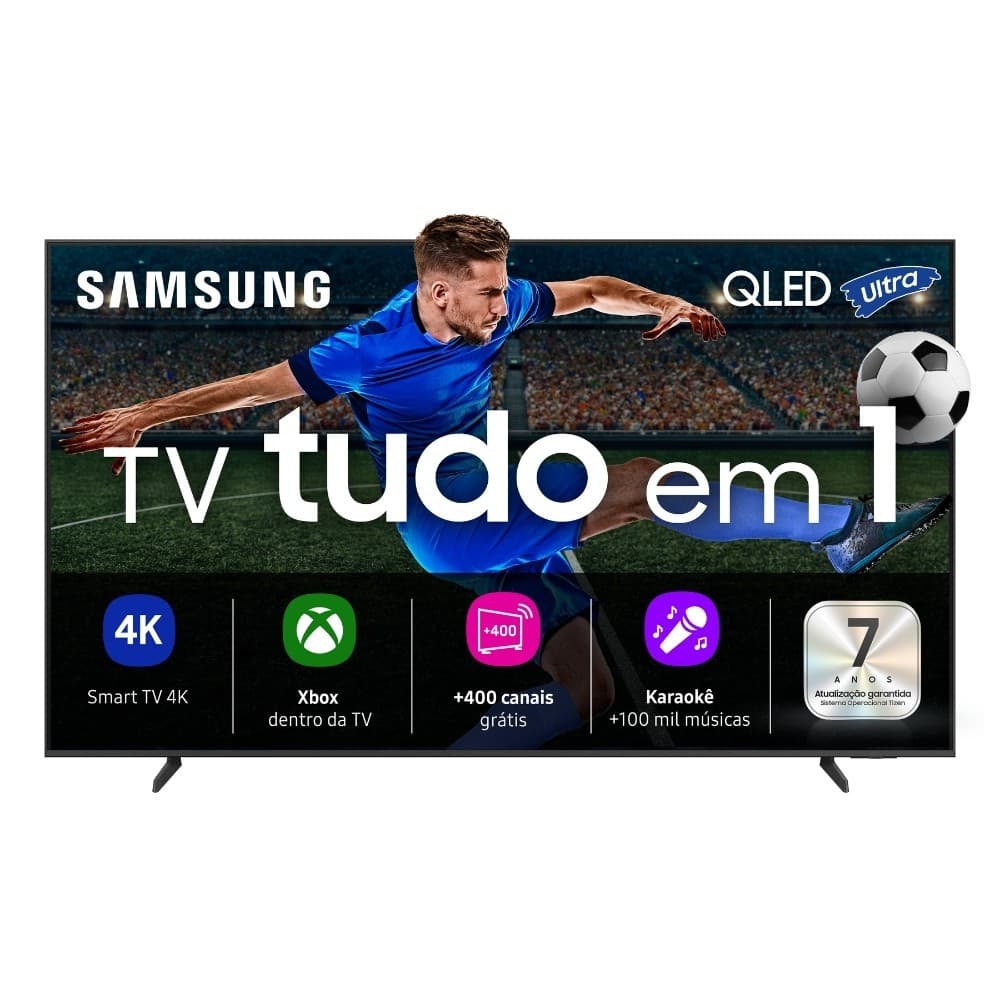 Smart TV Samsung 50 polegadas 4K QLED Vision com imagem de jogador de futebol