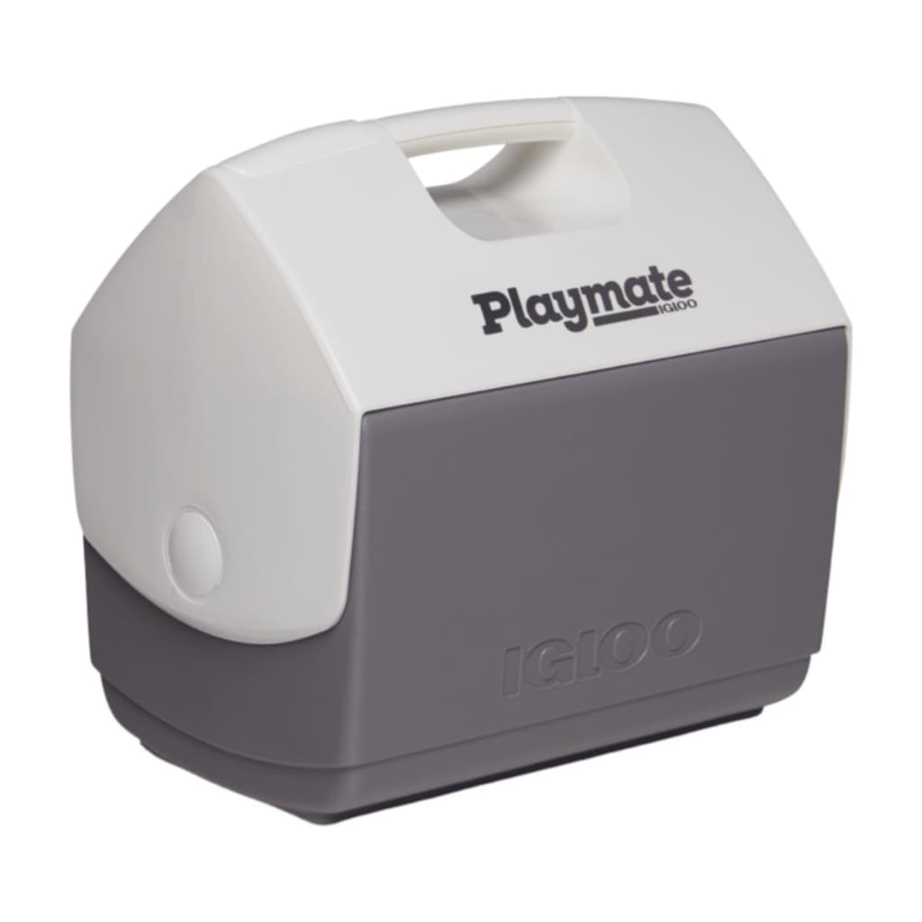 Caixa Térmica Playmate Elite 15L branca e cinza com logo Playmate e Igloo
