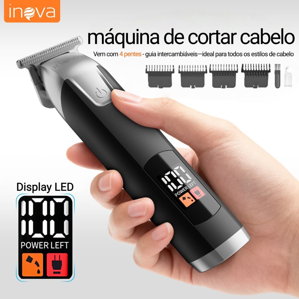 Máquina de Cortar Cabelo Inova LFJ-13149–Sem Fio, Bateria 1200 mAh, Cortes Precisos para Cabelo e Barba
