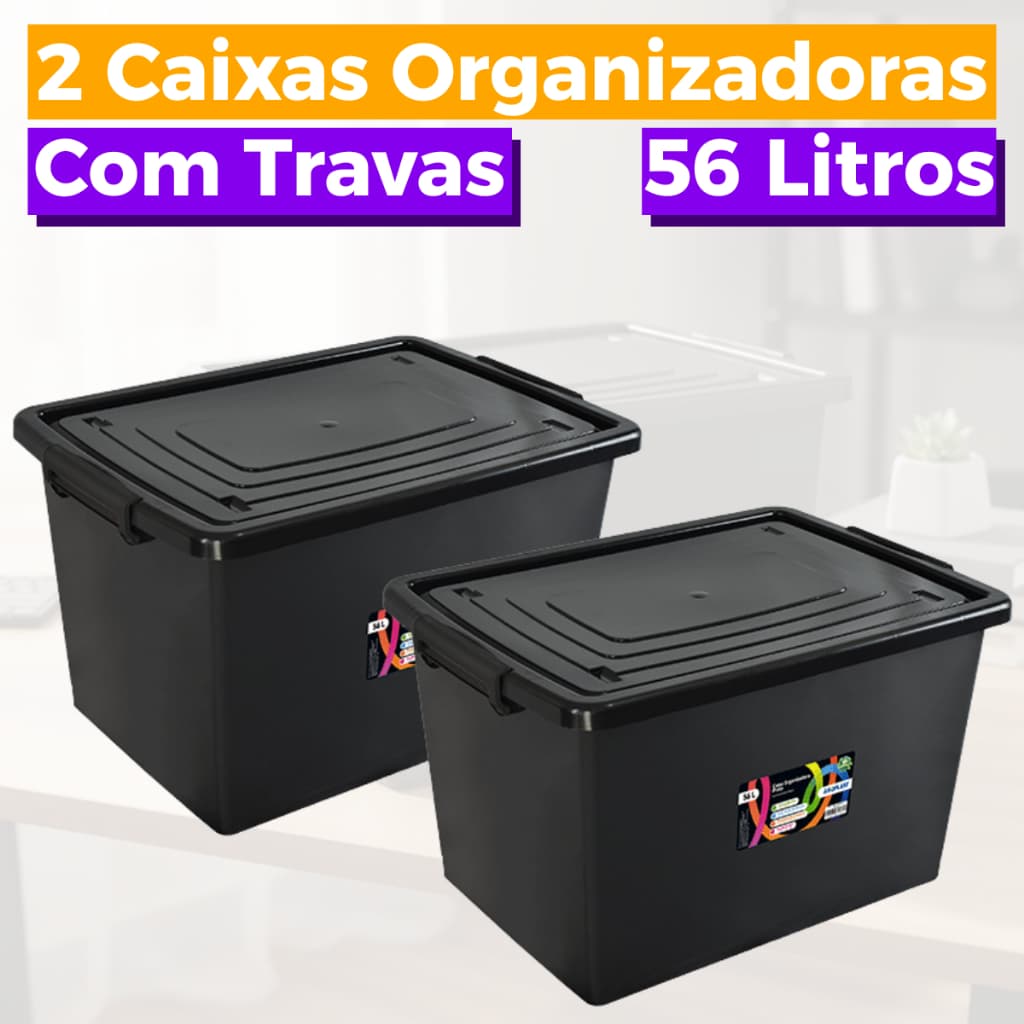 Kit de 2 caixas organizadoras pretas de 56 litros com tampas e travas resistentes