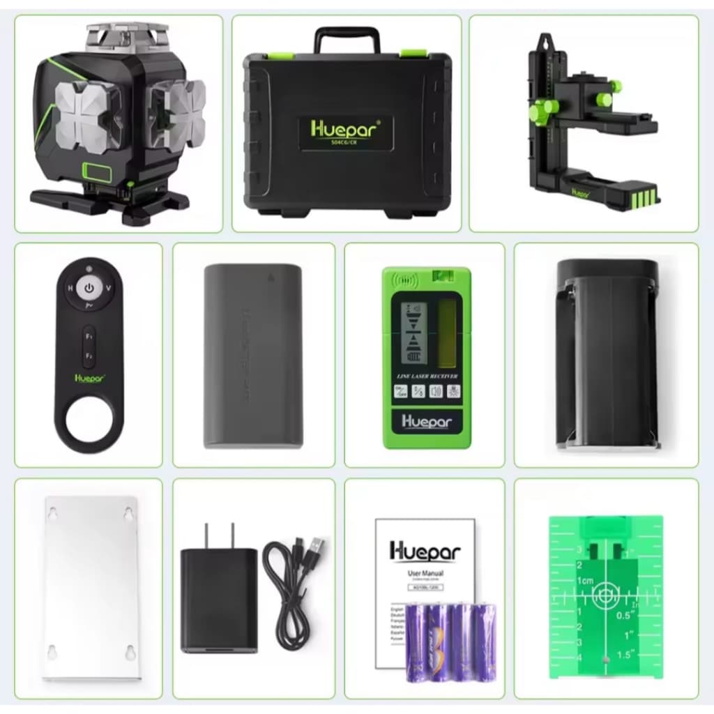 Kit de nível a laser verde Huepar com receptor LR5, incluindo equipamento principal, estojo, controle remoto, baterias, carregador e manual.