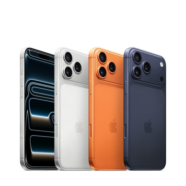 iPhone 17 Pro Max e 17 Pro em cores azul, prata, laranja e preto com fundo branco