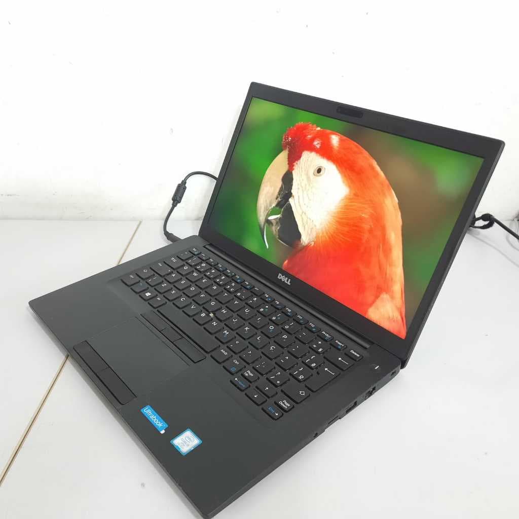 Notebook ultrabook Dell Latitude 7480, teclado e tela com imagem de papagaio, fundo branco
