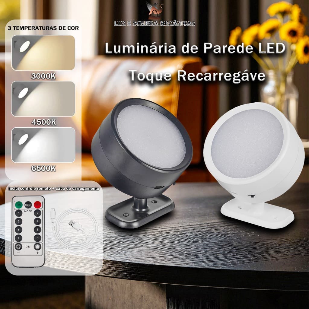 Luminária de parede LED recarregável cinza e branca com controle remoto e temperatura de cor ajustável