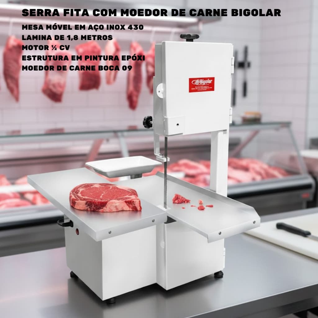 Serra Fita Lâmina 1,80 Mesa Móvel com Moedor Boca 9 - 1/2 cv Bigolar